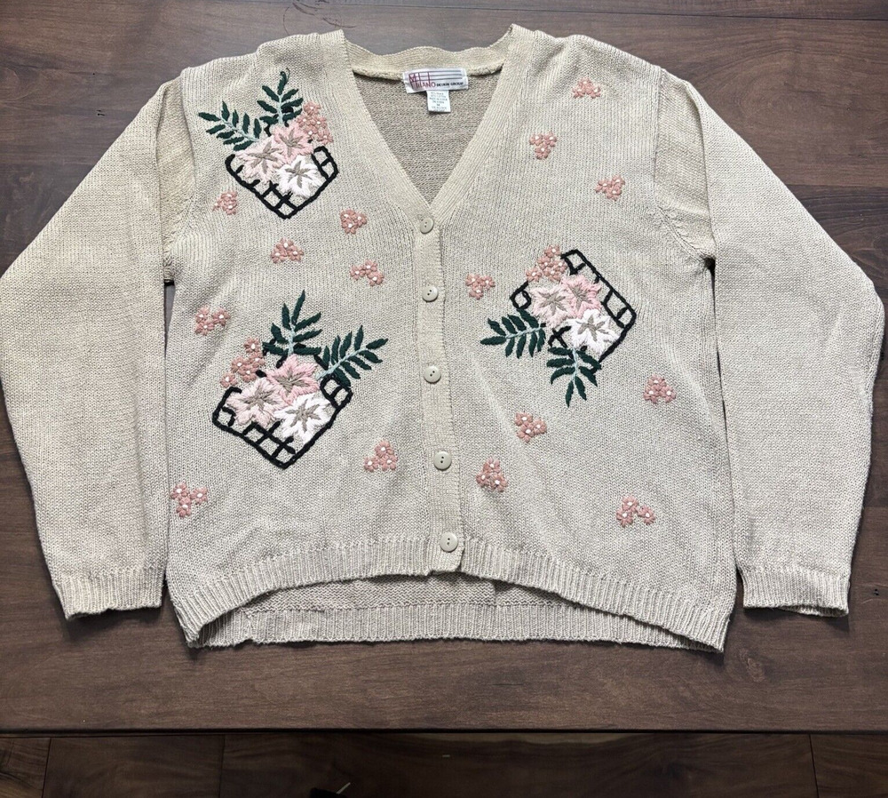 Vtg Cardigan Oversize V Neck Sweater Medium Floral Embroidered Cottage by Milano